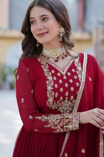 Maroon zari & sequins embroidered work georgette stitched kurta & dupatta set