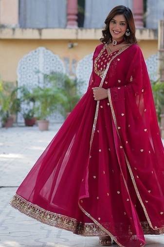 Pink zari & sequins embroidered work georgette stitched kurta & dupatta set