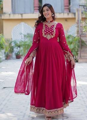 Pink zari & sequins embroidered georgette kurta & dupatta set 2