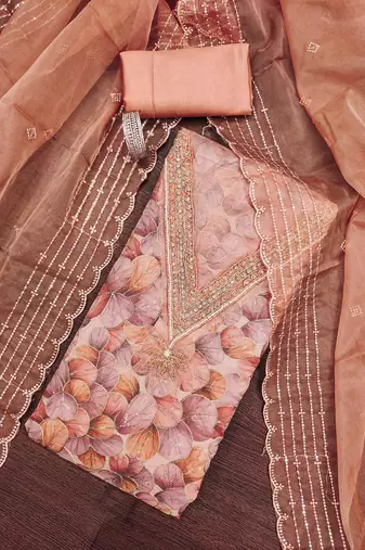 Peach sequins organza semi stitched churidar dress-materials