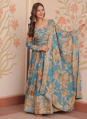 Blue zari & sequins embroidered russian silk kurta & dupatta set 1