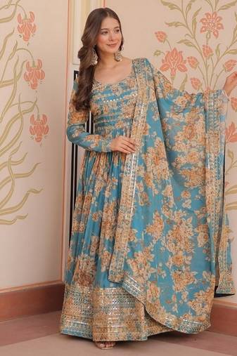 Blue zari & sequins embroidered work russian silk stitched kurta & dupatta set