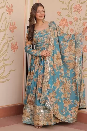 Blue zari & sequins embroidered work russian silk stitched kurta & dupatta set