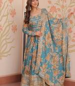 Blue zari & sequins embroidered work russian silk stitched kurta & dupatta set