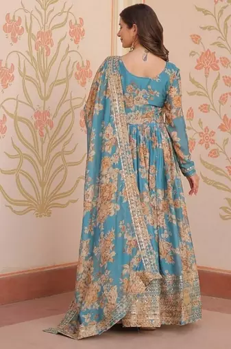 Blue zari & sequins embroidered russian silk kurta & dupatta set