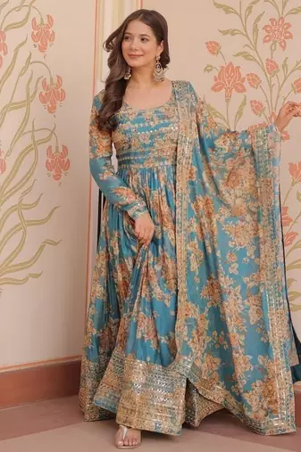 Blue zari & sequins embroidered russian silk kurta & dupatta set