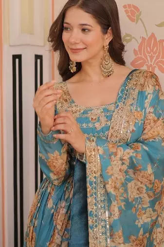 Blue zari & sequins embroidered russian silk kurta & dupatta set