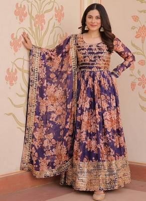 Purple zari & sequins embroidered russian silk kurta & dupatta set 1