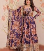 Purple zari & sequins embroidered work russian silk stitched kurta & dupatta set