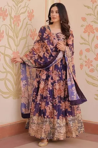 Purple zari & sequins embroidered russian silk kurta & dupatta set