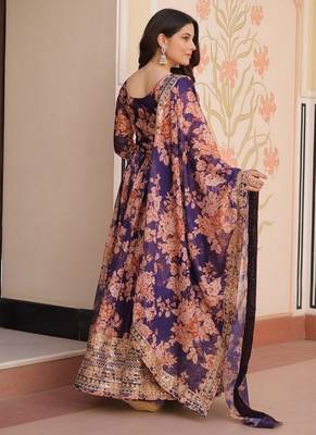 Purple zari & sequins embroidered russian silk kurta & dupatta set 3