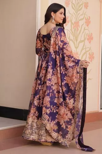 Purple zari & sequins embroidered russian silk kurta & dupatta set