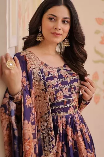 Purple zari & sequins embroidered russian silk kurta & dupatta set