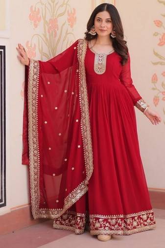 Maroon zari & sequins embroidered work georgette stitched kurta & dupatta set