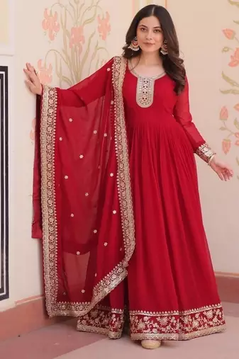 Maroon zari & sequins embroidered work georgette stitched kurta & dupatta set