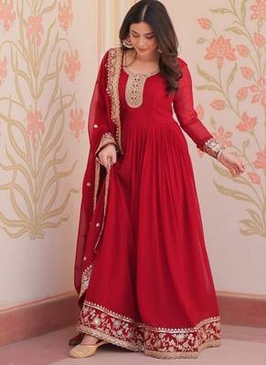 Maroon zari & sequins embroidered work georgette stitched kurta & dupatta set 2