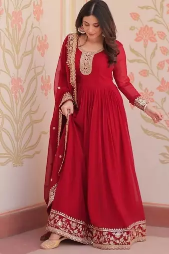 Maroon zari & sequins embroidered work georgette stitched kurta & dupatta set