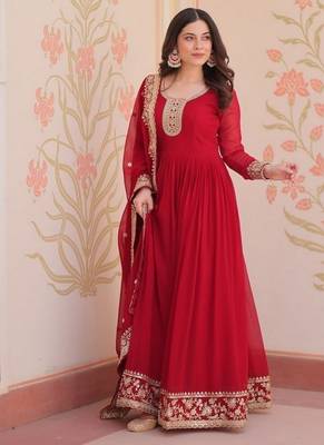 Maroon zari & sequins embroidered work georgette stitched kurta & dupatta set 3