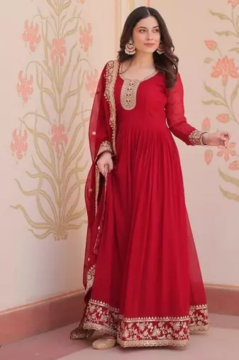 Maroon zari & sequins embroidered work georgette stitched kurta & dupatta set