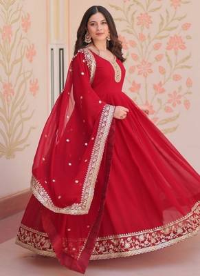 Maroon zari & sequins embroidered work georgette stitched kurta & dupatta set 4