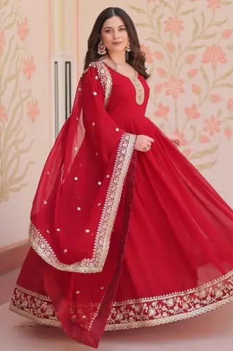 Maroon zari & sequins embroidered work georgette stitched kurta & dupatta set