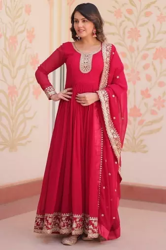 Pink zari & sequins embroidered work georgette stitched kurta & dupatta set