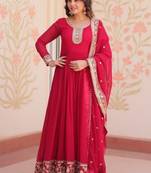 Pink zari & sequins embroidered work georgette stitched kurta & dupatta set