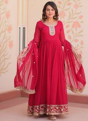 Pink zari & sequins embroidered georgette kurta & dupatta set 2