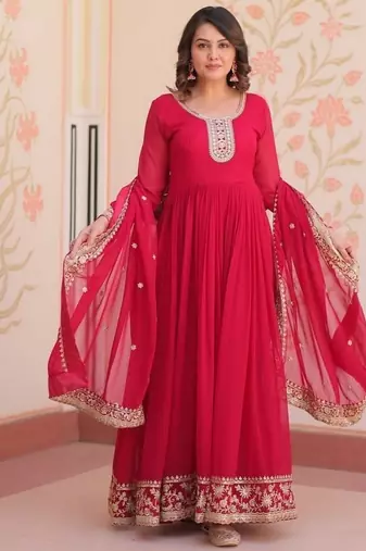 Pink zari & sequins embroidered georgette kurta & dupatta set