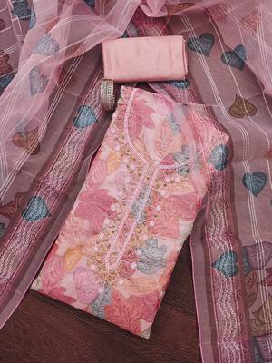Pink sequins organza churidar dress-materials 1