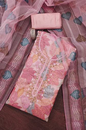 Pink sequins organza semi stitched churidar dress-materials