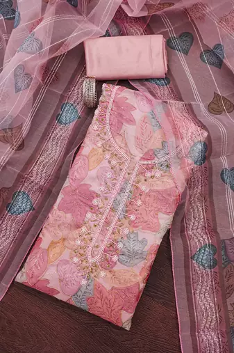 Pink sequins organza semi stitched churidar dress-materials