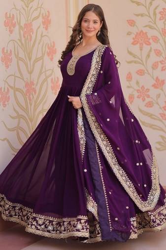 Purple zari & sequins embroidered work georgette stitched kurta & dupatta set
