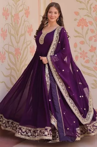 Purple zari & sequins embroidered work georgette stitched kurta & dupatta set
