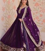Purple zari & sequins embroidered work georgette stitched kurta & dupatta set