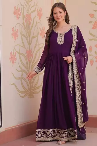 Purple zari & sequins embroidered georgette kurta & dupatta set