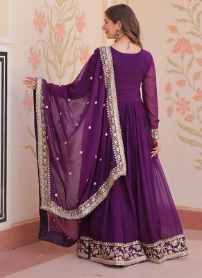 Purple zari & sequins embroidered georgette kurta & dupatta set 3