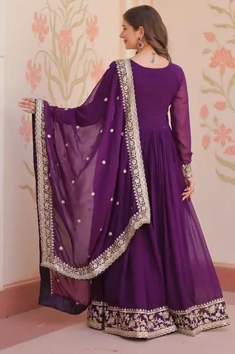 Purple zari & sequins embroidered georgette kurta & dupatta set