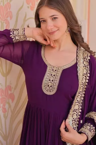 Purple zari & sequins embroidered georgette kurta & dupatta set