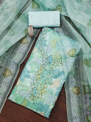 Teal sequins organza churidar dress-materials 1