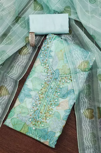 Teal sequins organza semi stitched churidar dress-materials