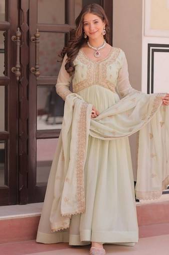 Light green zari & sequins embroidered work georgette stitched kurta & dupatta set