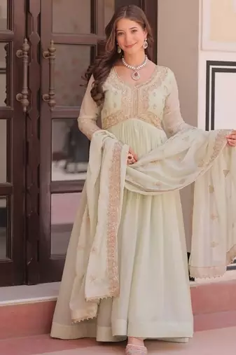 Light green zari & sequins embroidered work georgette stitched kurta & dupatta set