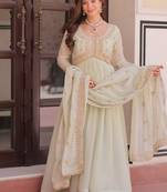 Light green zari & sequins embroidered work georgette stitched kurta & dupatta set