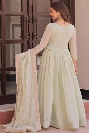 Light green zari & sequins embroidered georgette kurta & dupatta set