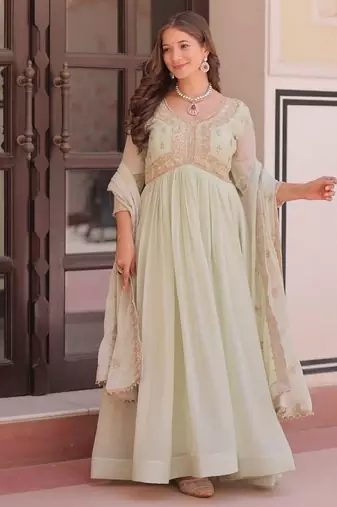 Light green zari & sequins embroidered georgette kurta & dupatta set