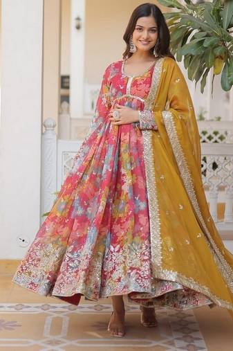 Red zari & sequins embroidered work russian silk stitched kurta & dupatta set