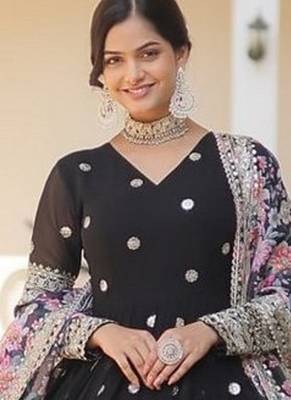 Black zari & sequins embroidered work georgette stitched kurta & dupatta set 1