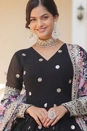 Black zari & sequins embroidered work georgette stitched kurta & dupatta set