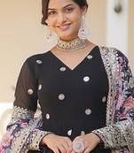 Black zari & sequins embroidered work georgette stitched kurta & dupatta set